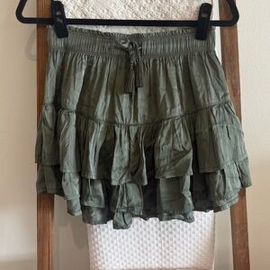 Aerie Dark Green Sweet & Silky Satin Drawstring Waist Tiered Skirt